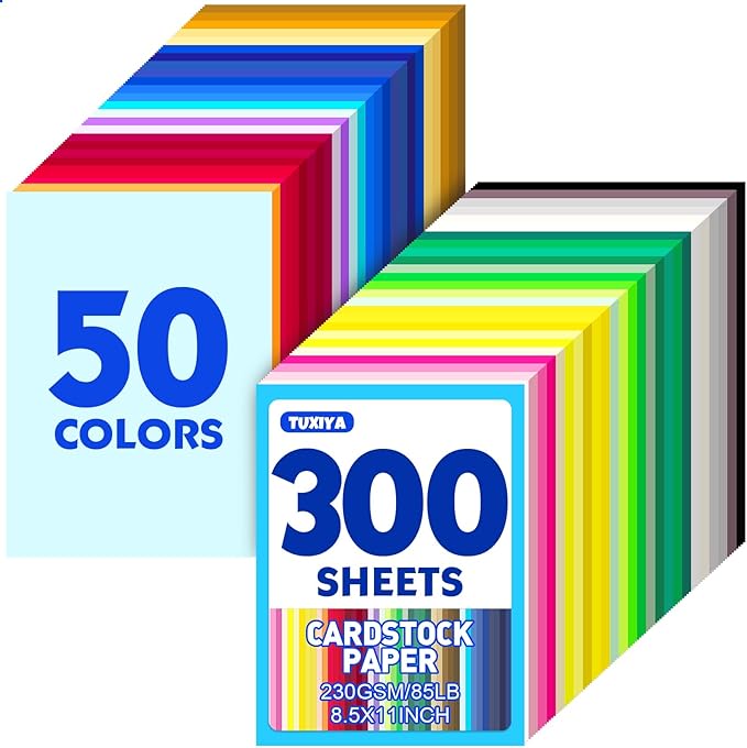 300 Sheets 8.5" X 11" Colored Cardstock, 50 Assorted Colors 230GSM/85LB Construction Paper Card Stock Printer Paper for Printing, Card Making, DIY Crafts, Kids School Supplies,Party Decorations