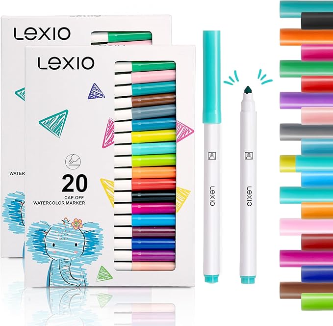 Lexio Washable Markers For Kids, 20 Vibrant Coloring, Washable Non Toxic Markers for Toddlers, Conical Tip, Easy Clean Coloring Book Marker Set for Kids Toddlers Adults Students (2 Box | 40 Markers)