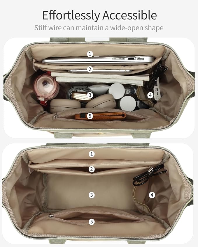 17.3in Computer Backpack for Women, Work Bag Laptop Bookbag with Cup Holder & USB Charger for Teacher Nurse College Travel Back Pack, Gifts, Beige Green