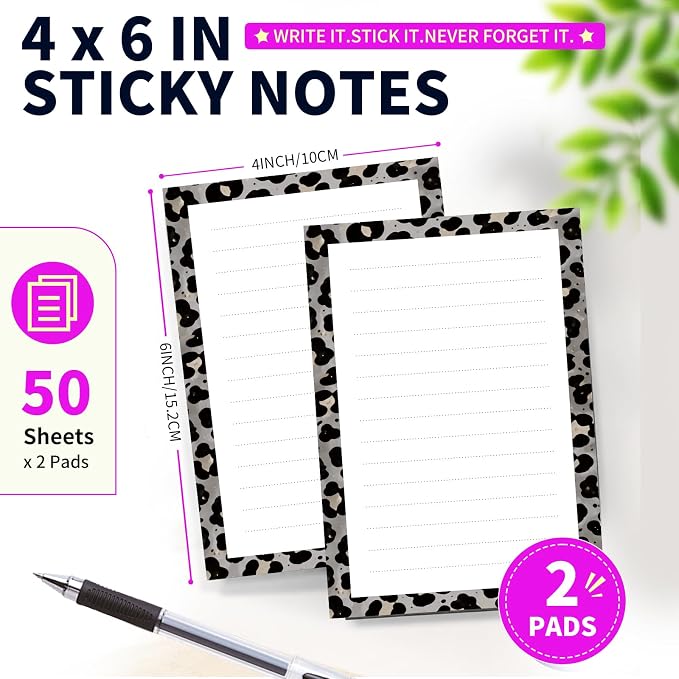 Lined Sticky Notes 4x6 in, 2 Pack Large Cute Notepads with Lines Self-Stick Note Pad, Funny Memo Pads Strong Adhesive for Office, Home Cute Leopard Grey