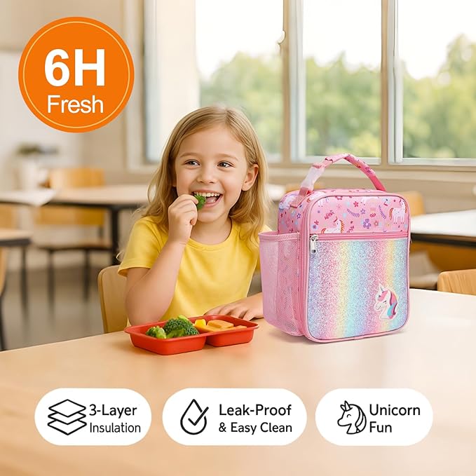 Bagseri Kids Lunch Box for Girls - Insulated Toddler Lunch Bag Fits Bento Box, Reusable Daycare Cooler Tote with Clip Handle, Water-Resistant Lining, Glitter Pink Unicorn
