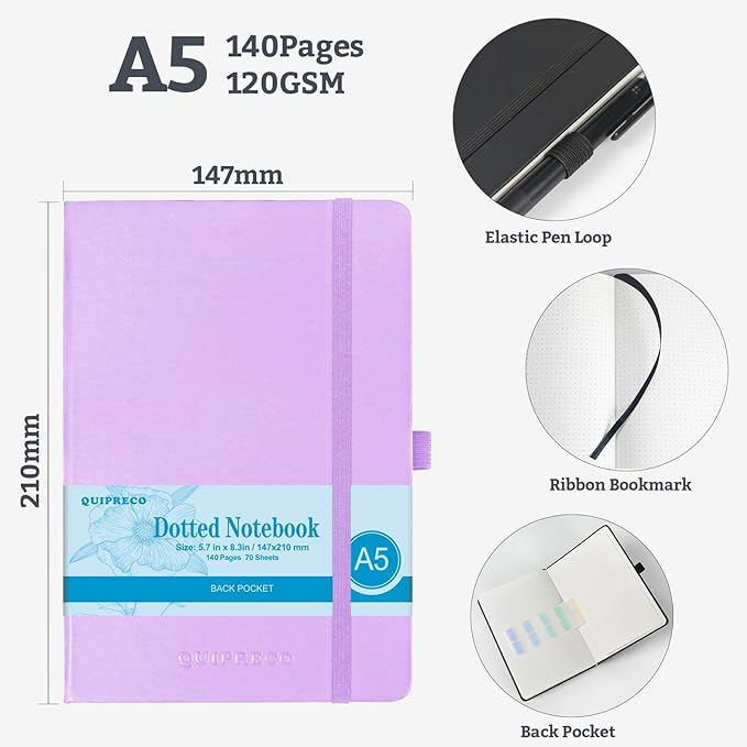 2Pack Bullet Dotted Journal Hardcover Notebook, A5 140 Pages 120Gsm Thick Paper for School,Note Taking,Work,Diary，5.7''*8.3'',Lavender