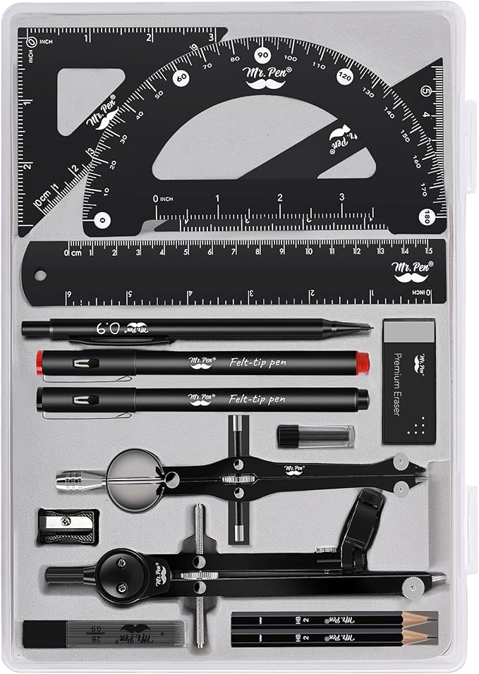 Mr. Pen- Professional Geometry Set, 15 pcs, Drafting Tools with Protractor, Compass, Metal Ruler, Triangles, Pens & Pencils, Complete Geometry & Drafting Kit for Architects, Engineers & Students