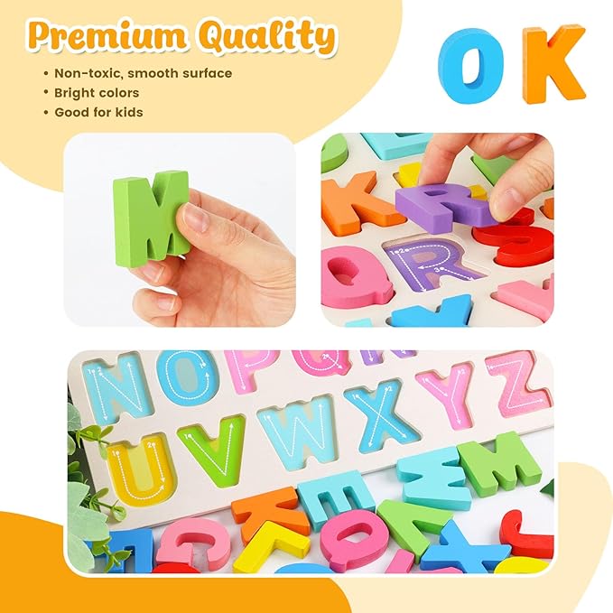 LovesTown Wooden Alphabet Puzzle, ABC Learning Board Build Pre-Reading Skills with Letter Blocks, Matching Games Toys for Daycare Homeschool Kids