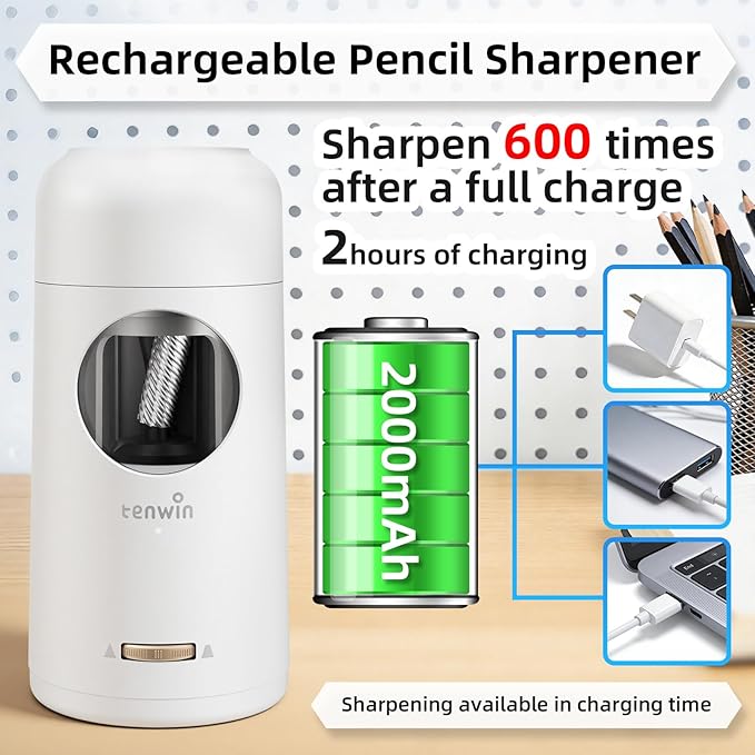 tenwin Rechargeable Electric Pencil Sharpener, Fully Automatic Pencil Sharpener for 7-11.5mm Jumbo Pencils, Hands-Free Sharpener for Colored Pencils, Auto in&Out, Adjustable Pencil Nibs, Silver