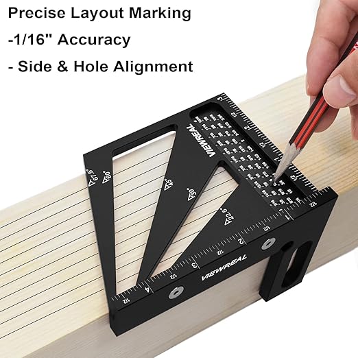 Multi-Angle Measuring Ruler,3D Woodworking Square, 22.5-90 Degree Aluminum Alloy Protractor for Precision Carpentry, Engineering & DIY Projects, Laser Etched, Durable, Portable - Black