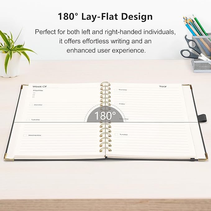 RETTACY Undated Planner, Weekly and Monthly, 53 Weeks and 12 Months, Medium Size (5.7" x 8.3"), 24 Self-adhesive Monthly Tabs, Hardcover, 100 GSM Thick Paper, Spiral-bound (Black)