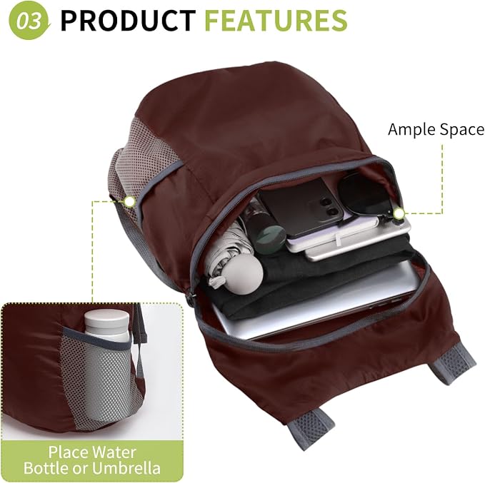 Ultra Lightweight Hiking-Daypack,Foldable Travel Packable Backpack | 20L Foldable Bag for Camping Cycling Outdoor,Day Pack for Men Women,Dark Red