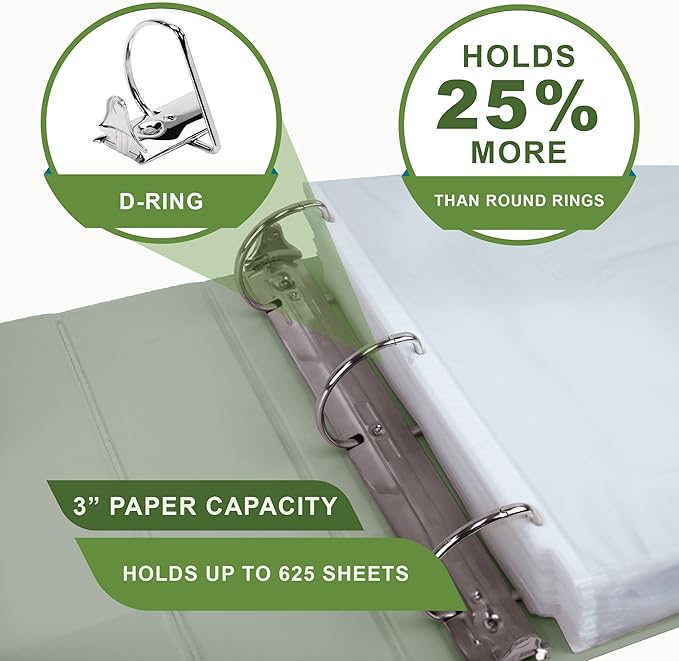Samsill Plant-Based 3 Inch Durable D-Ring, View Binder, Eco-Friendly, USDA Certified Biobased, 2 Count,Pack of 1, Sage Green