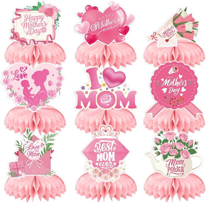 Mothers Day Table Decorations - Mother's Day Decorations Centerpieces for Tables, 9Pcs 3D Best Mom Honeycomb Centerpiece Pink Flower Table Topper for Mother's Party Supplies, Gifts for Mom