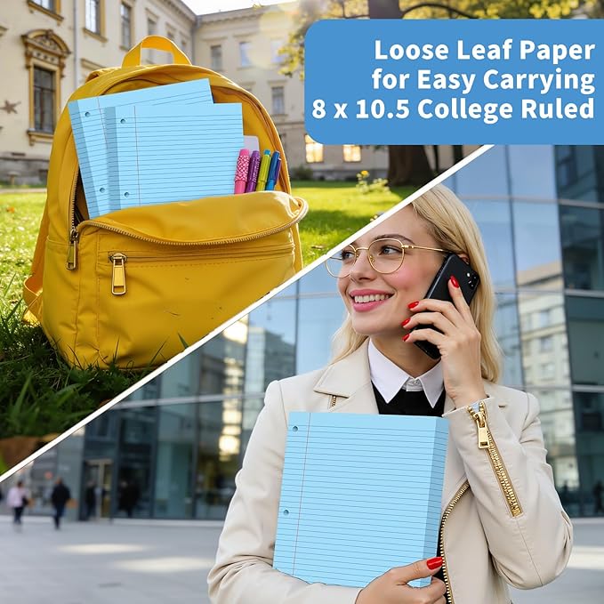 Blue Loose Leaf Paper 120 Sheets Colored Filler Pape 8" x 10.5" College Ruled Paper 3-Hole Punched Paper for 3-Ring Binders Notebook Lined 8 * 10.5 Binder Paper Blue Paper for School Office Supplies