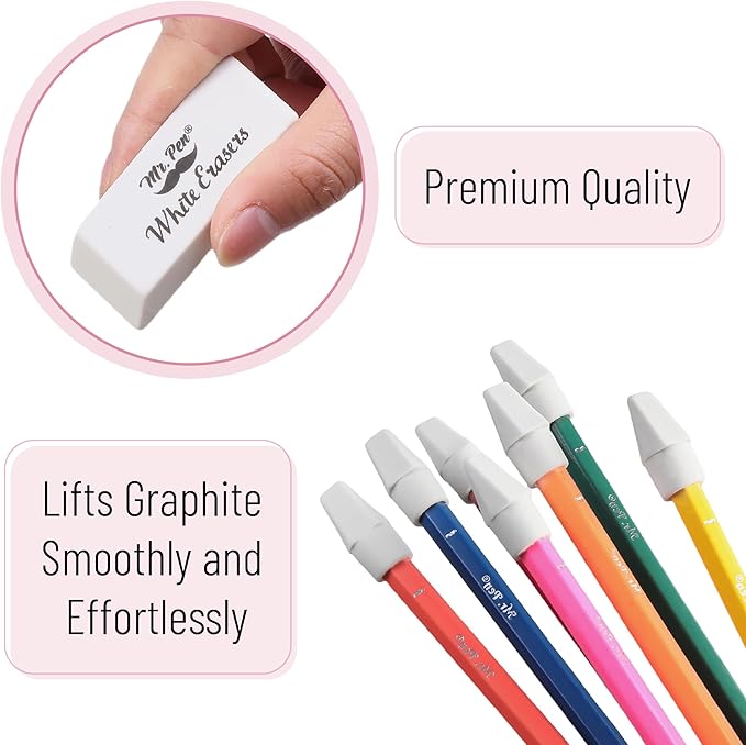 Mr. Pen- School Eraser Combination Set, 66 Pack, White, Latex Free Erasers for School, Office, Art Sketching, Homework, Exams, Clean Smudge-Free Correction