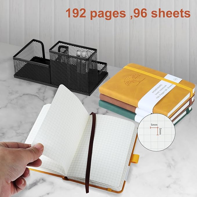 HOMEMARS Small Notebook, Pocket Notebook, 3 Pack, Notebook A6, Squared,3.7" x 5.7"Leather, Brown, Green, Yellow,192 Pages Each, Hardcover, Mini Journal Notepad, Embossing Tree Design