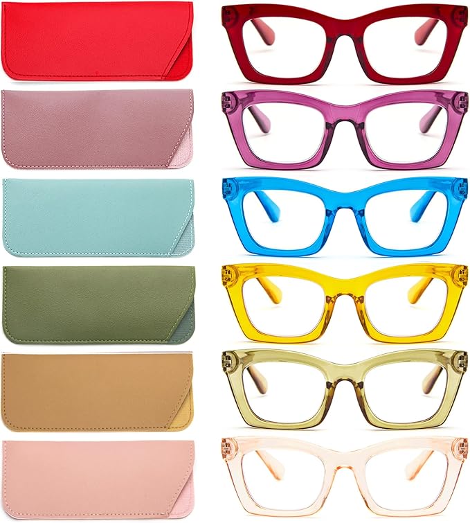 REAVEE 6 Pack Reading Glasses for Women Blue Light Blocking, Cute Square Computer Readers with Spring Hinge