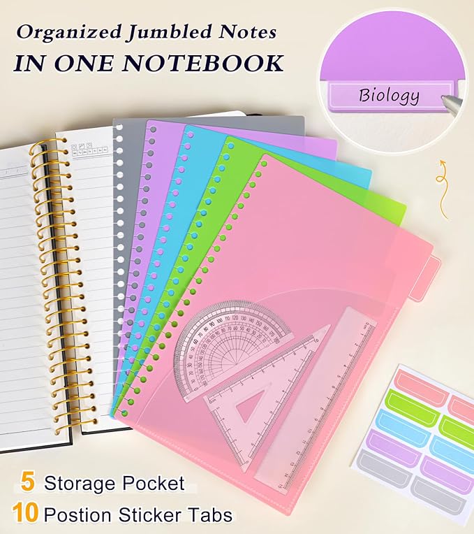 5 Subject Notebook College Ruled 240 Pages, A5(5.8"x8.3") Hardcover Spiral Notebook with Removable Pocket Dividers Tabs, Lined Spiral Journal Notebook for Women, Notebooks for Work School Note taking Black