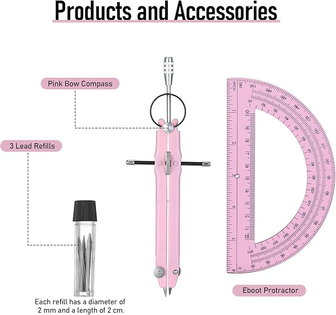 EBOOT Student Geometry Math Set, Metal Drawing Compass and 6 Inch Clear Swing Arm Protractors 180 Degree Math Protractor(Pink and Pink)
