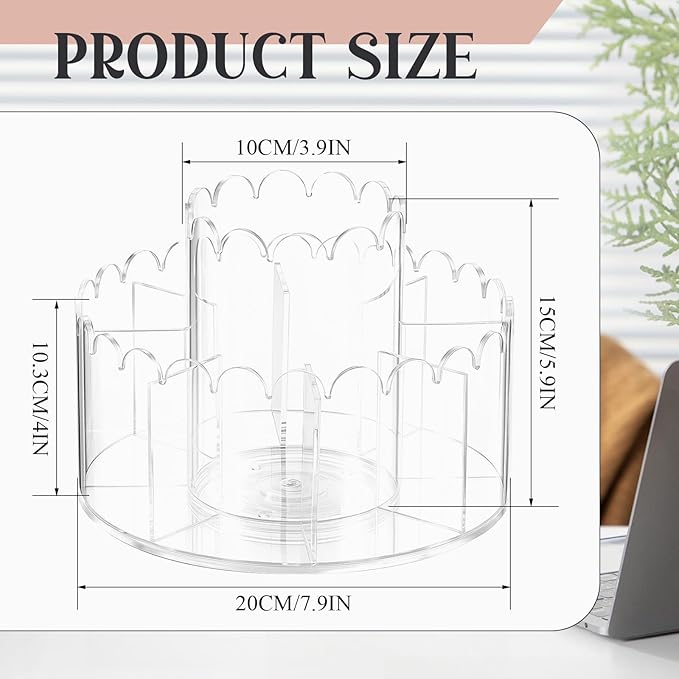 Scalloped Acrylic Pencil Holder Desk Organizer with 9 Compartments 360 Degree Rotating Pencil Organizer Desktop Storage Caddy for Pen Crayon Marker Art Supply for Office Home School