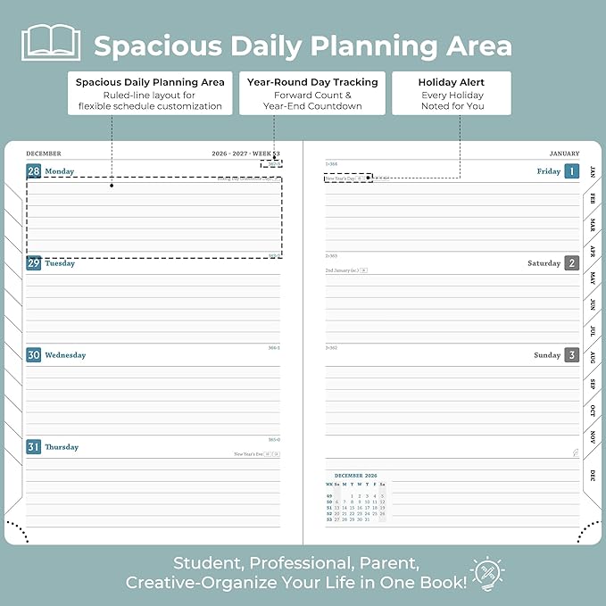 Planner 2026-2027 Daily Weekly and Monthly,8.5"x6.5",18 Months Spiral Bound Calendar Agenda with Self-adhesive Pen Holder,2026 Academic Plan with Vegan Leather Soft Cover,Dusty Blue