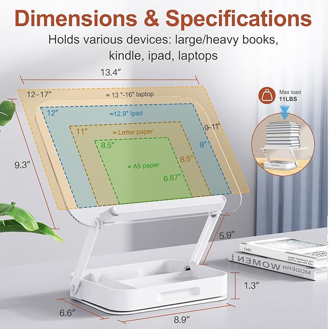 Acrylic Book Stand with Storage, Adjustable Book Holder for Reading with 360° Rotating Bases, Foldable Desktop Riser Stand, Elastic Clips for Cookbook Recipe Magazines Tablets, Laptops (Clear)