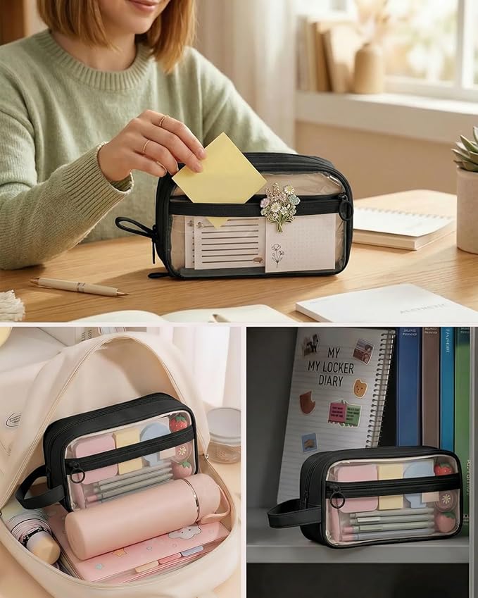 41Pcs Aesthetic Pink Office Supplies Set, All-in-One 5 Compartments Desk Organizer Kit with Large Capacity Pen Pouch, A5 Notebook for Women & Journaling (black)