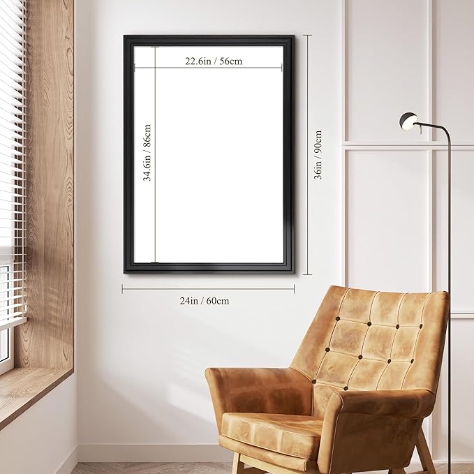 4 THOUGHT Magnetic Whiteboard 36" x 24" Dry Erase Board Wood Frame Wall-Mounted Decorative White Board Monthly Planner Notice Board for Home Office School with 8 Magnets 4 Markers 1 Eraser, Black