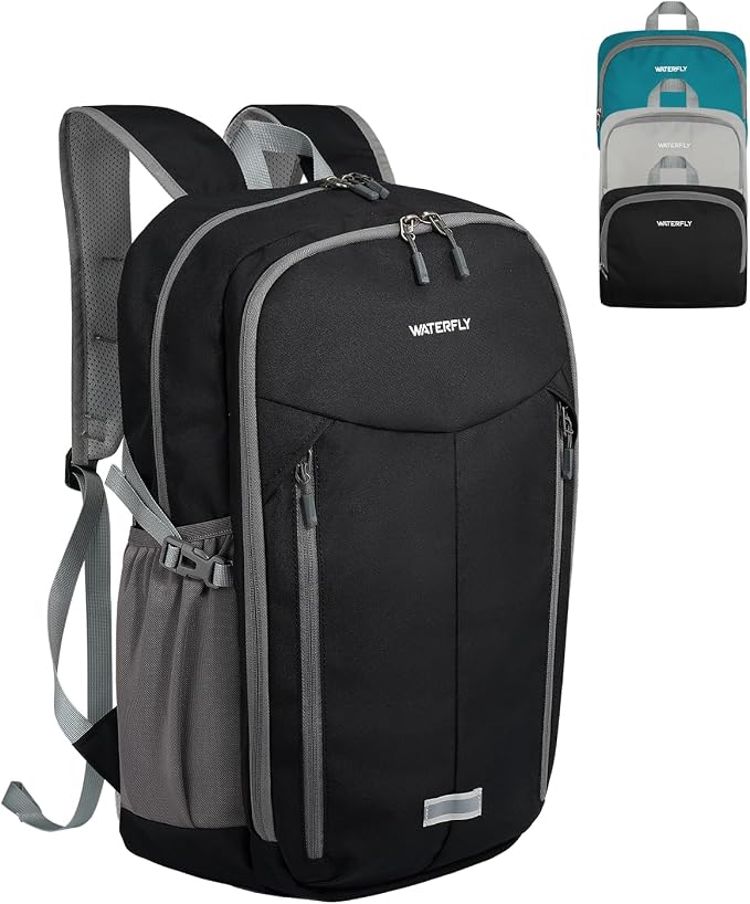 WATERFLY Lightweight Packable Backpack, 25L Small Foldable Travel Daypack | Large Opening Pocket with Luggage Strap, Breathable Back Pad, Easy to Fold, Compact Day Pack for Hiking Outdoor