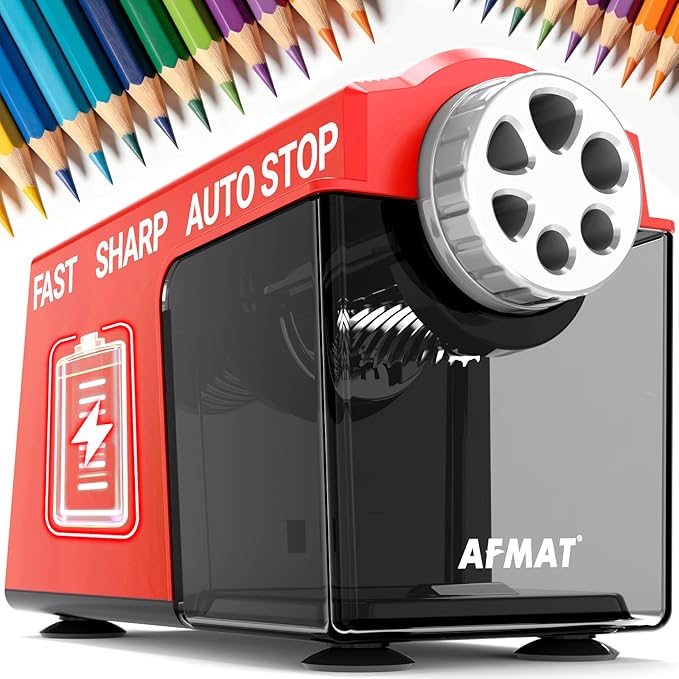 AFMAT Electric Pencil Sharpener Heavy Duty, 6 Holes, Cordless & Rechargeable, Super Fast, Auto Stop, 10K+ Uses, Classroom Pencil Sharpener for 6-11mm No.2/Large/Colored Pencils PSD4(Red)