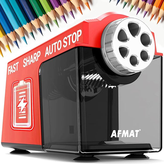 AFMAT Electric Pencil Sharpener Heavy Duty, 6 Holes, Cordless & Rechargeable, Super Fast, Auto Stop, 10K+ Uses, Classroom Pencil Sharpener for 6-11mm No.2/Large/Colored Pencils PSD4(Red)