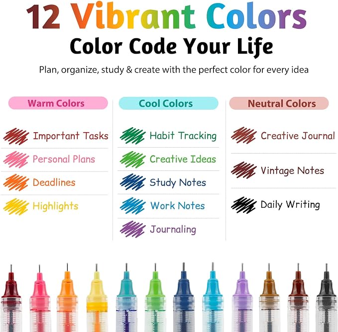 APOGO 12 Colors No Bleed Liquid Ink Pens For Journaling, 0.5mm Fine Point Bible Pens, Quick-Dry and Dispense Ink evenly, Smooth Writing Gel Pens for Bullet Journal and Taking Notes