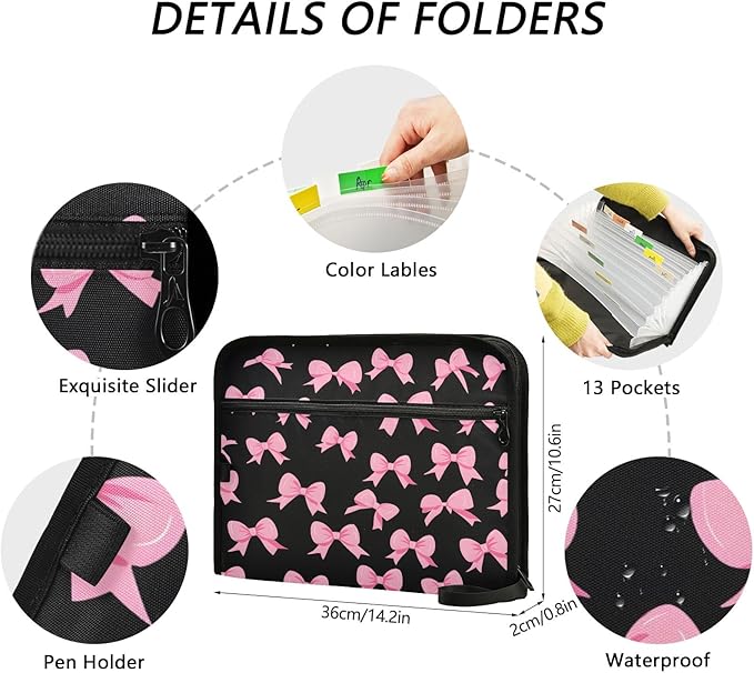 Pink Bow Black Background Pattern 13 Pocket File Organizer Expanding File Folder with Front Pouch Portable Business File Storage Document Organizer Folder with Zipper
