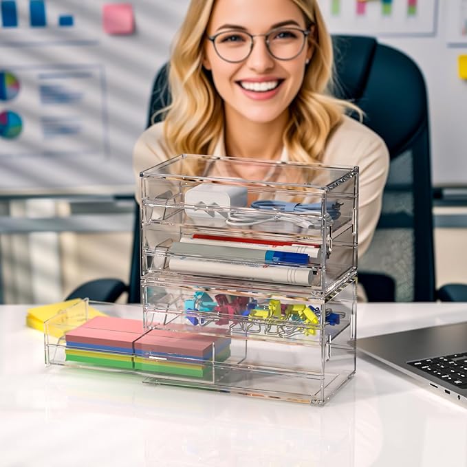 Clear Acrylic Desktop Organizer Drawers - Stackable Plastic Storage for Makeup, Craft Supplies, and Office Stationery - Transparent Vanity Cabinet & Aesthetic Desk Declutter Unit