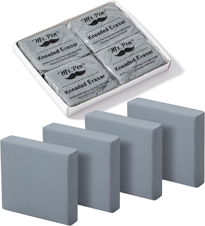 Mr. Pen- Kneaded Erasers, 1.57" x 1.37", 4 Pack, Gray, Soft Moldable Art Erasers for Charcoal, Graphite & Pastel Drawing, Precision Highlighting, Smudge Control, Easy Shaping for Artists & Students