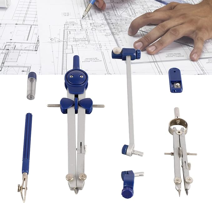Math Geometry Kit, Metal Compass Tool Zinc Alloy Compass and Ruler Geometry Set Drawing Compass Drafting Compass with Shatterproof Storage Box for Office School Art Drawing