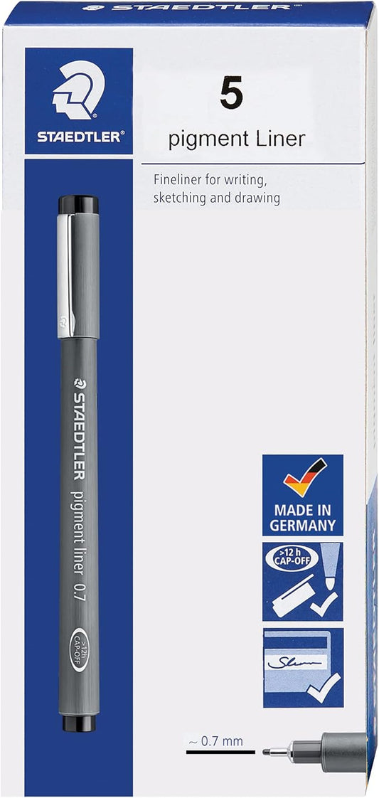 Staedtler Pigment Liner, Fineliner Pen for Drawing, Drafting, Journaling, 0.7mm, Black, Box of 5 Pens, 308 07-9 04