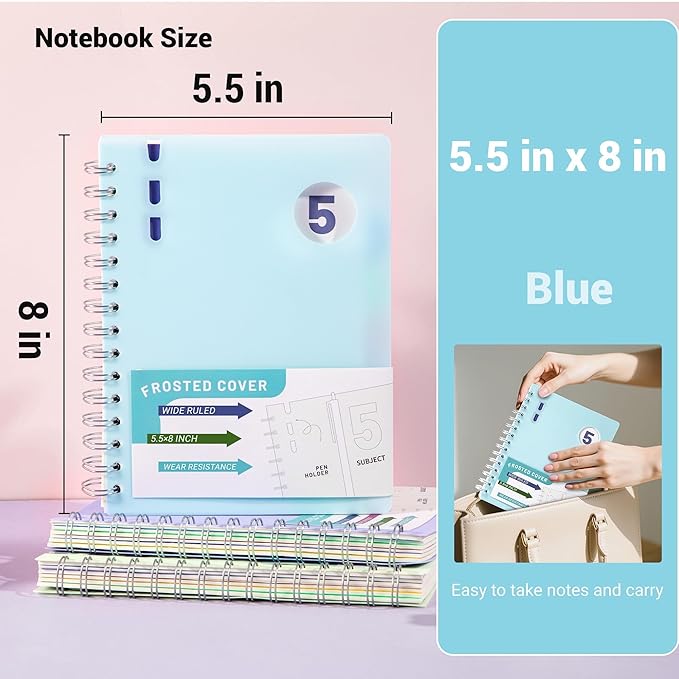 FLYING EAGLE 2 Pcs 5 Subject Notebook Wide Ruled, Small Spiral Notebook 5x7 for Work, 408 Pages Lined Journal with Removable Dividers, Small Notebooks for Work, Teal Blue