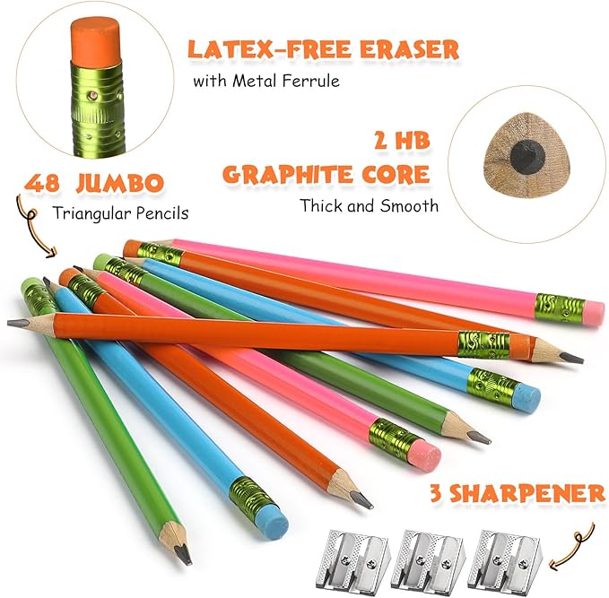Fainne 48 Pcs Fat Pencils Jumbo Big Thick Large Pencils and 3 Pieces Sharpeners for Kids Beginners Preschoolers Kindergarten School Office Supplies(Multicolor,Triangle)