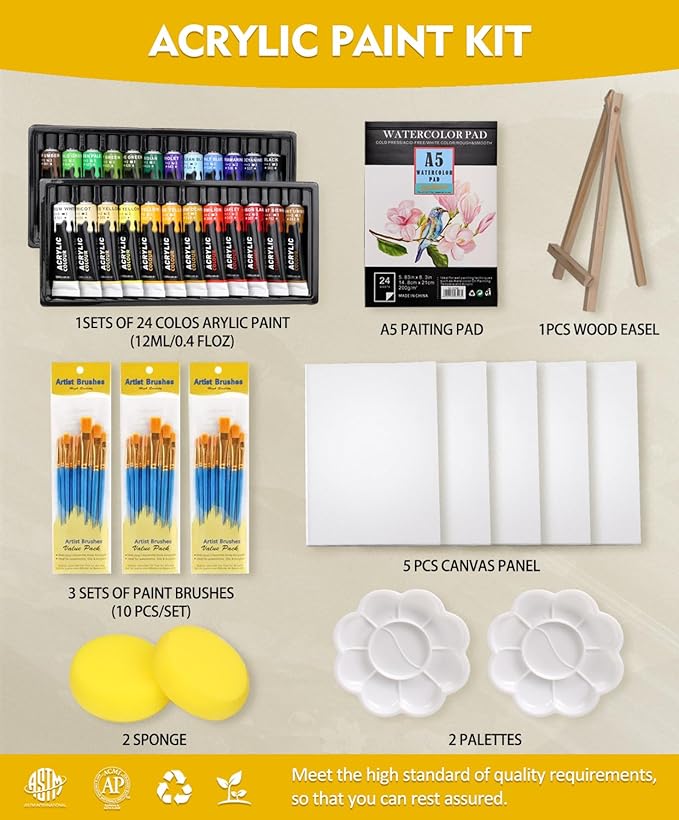 Colorful Acrylic Painting Kit - Paint Supplies Set with 24 Colors, 30 Brushes, 5 Canvases, 1 Pad, 2 Palette, 2 Sponge & 1 Wood Easel - Art Acrylic Paint Set for Beginners, Kids, Adults