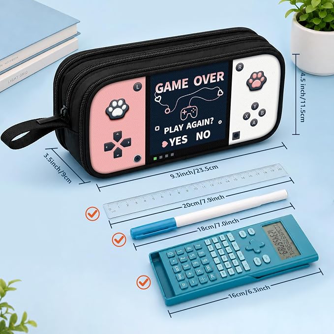 Game Controller Pencil Case for Boys Kids Teens, Large Capacity Pencil Pouch with 3 Compartments, 7 Pockets and Label Pocket for School College Office Travel (Pink & White)