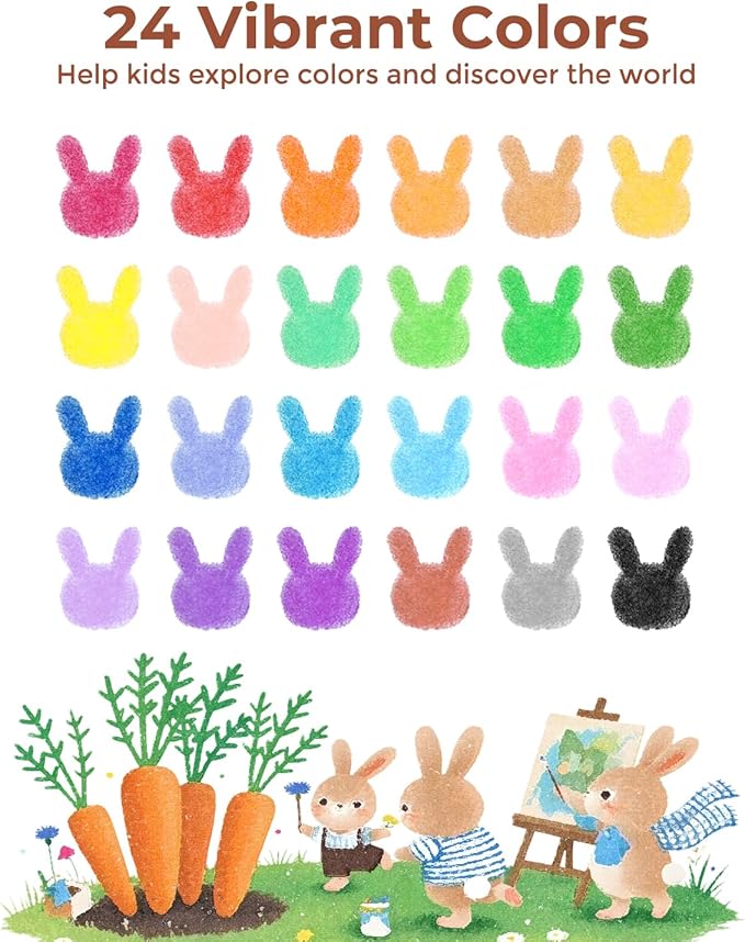 JUPITEARTH Carrot Crayons for Kids 24 Colors, Non Toxic Beeswax Crayons for Toddlers 1-3 with 30-Page Coloring Book & Stickers & 120 PDF Pages, Mess-Free Coloring for Kids Art Supplies Gift