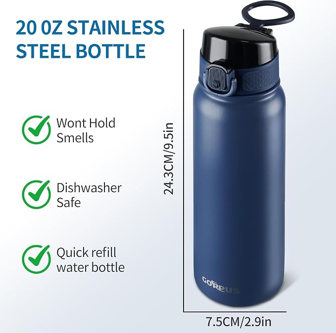 GOPPUS Insulated Water Bottle 20oz Stainless Steel BPA-Free Sports Bottle Ideal for School and Travel Silicone Spout Lid Prevents Leaks, Sweat, and Dust (Dark blue)