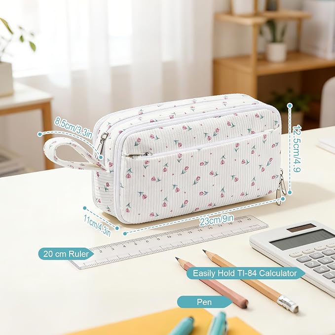 Corduroy Pencil Case, Large Capacity Pencil Pouch with 4 Compartments, Cute Soft Aesthetic Stationery Pen Bag Organizer with Zipper, Portable School Supplies for Teen and Adult Girls, Purple Flower