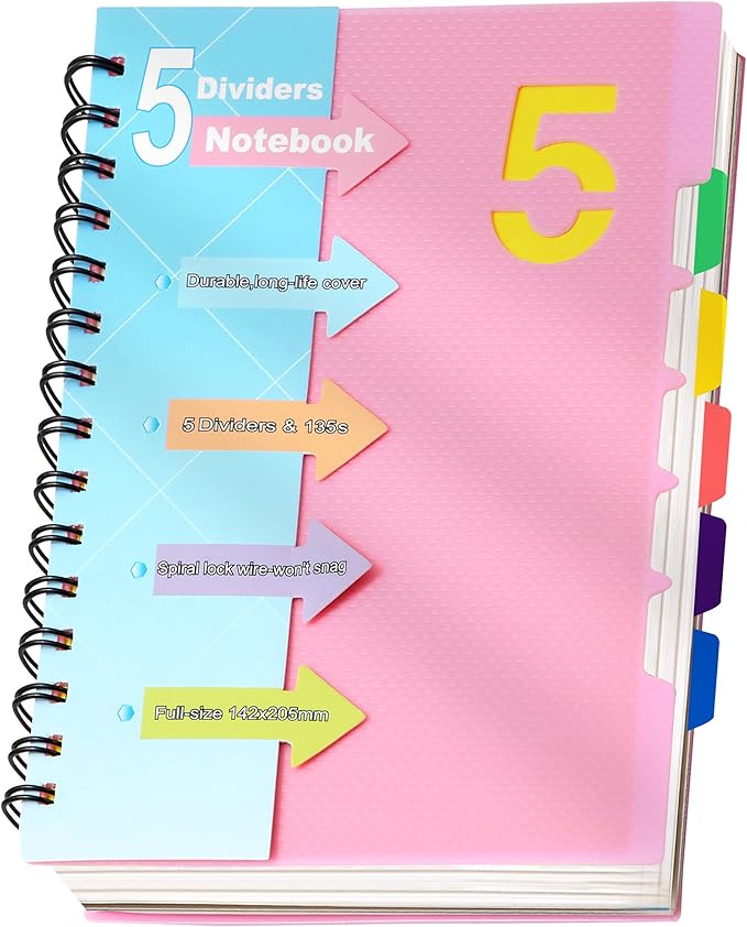 CAGIE 5 Subject Notebook College Ruled, Small Spiral Notebook 5x7 with Divider Tabs, A5 Spiral Notebooks for Women, 240 Pages Spiral Note book for School Note Taking, Pink