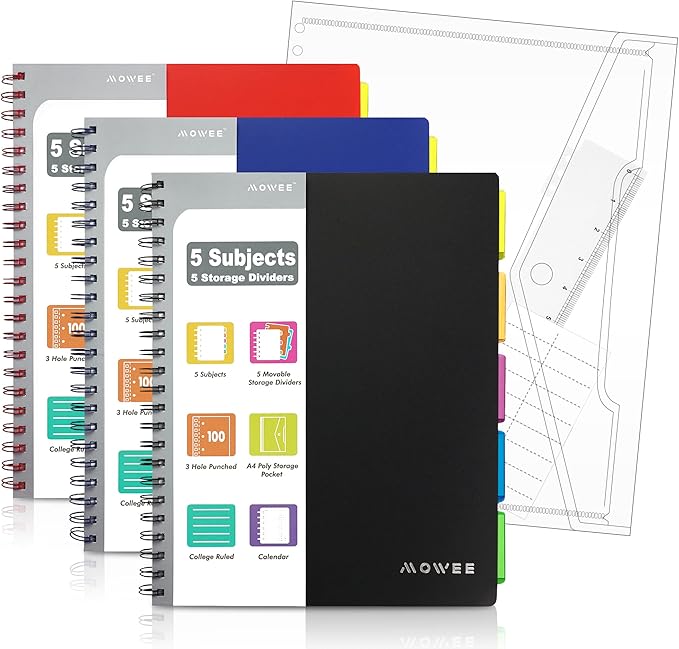 5 Subject Notebook, 3 Pack College Ruled Notebook with Storage Divider Pockets, Index Tabs, 11" Ruler, 200 Pages, for School, Business, Office Supplies, 8.1''x11.7''（Black Red Blue
