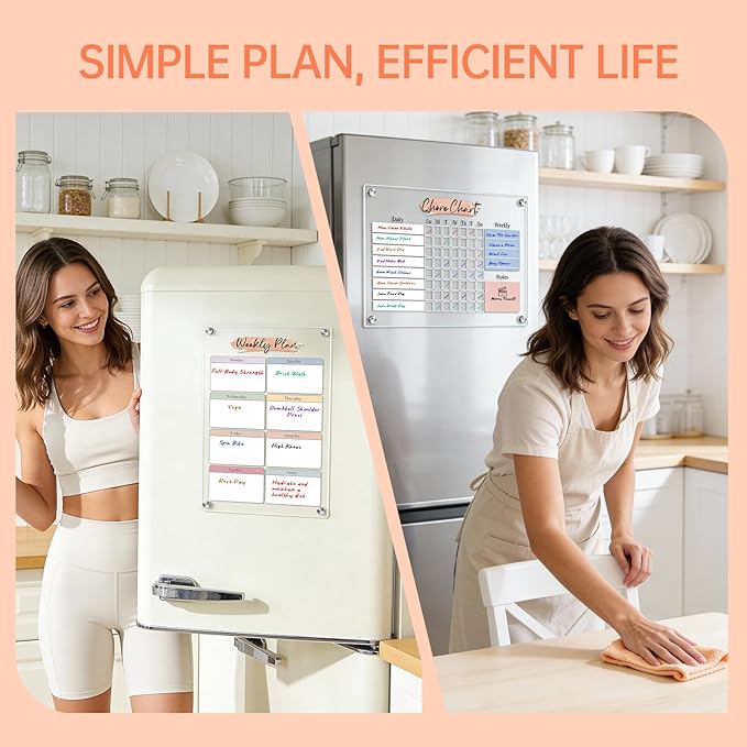 Magnetic Dry Erase Acrylic Chore & Weekly Calendar Set for Fridge, Refrigerator Visual Color-Block Design with 6 Color Erasable Magnetic Markers, Ideal for Kitchen Meal Planner & Fmaily Work Task