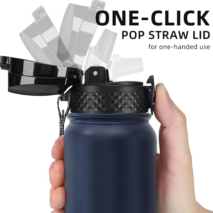 Fanhaw 20 Oz Kids Insulated Stainless Steel Water Bottle with Straw Lid, Leakproof & Anti-Dust Everyday Use Bottle for School, Women & Men, Back to School Essentials (Navy Blue)