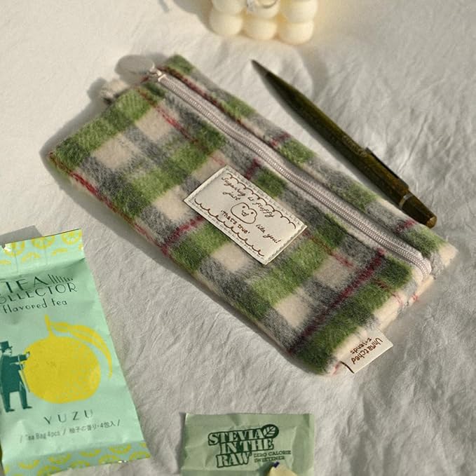 Monolike Unmatched Friends Old Check Pencil Case, Green - Pencil Pouch, Portable Pencil Bag, Pencil Case, Office Pouch case, Cushion, Soft, Vintage