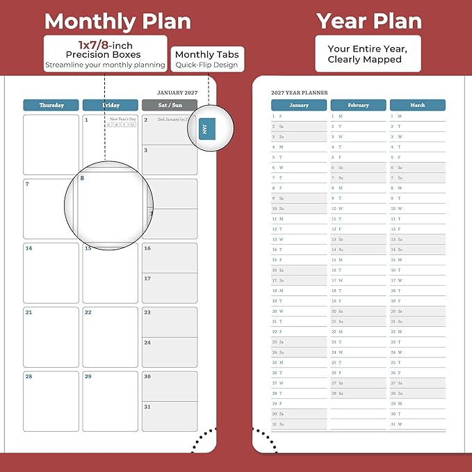 Planner 2026-2027 Daily Weekly and Monthly,6.5"x3.75",18 Months Spiral Bound Calendar Agenda with Self-adhesive Pen Holder,2026 Academic Plan with Vegan Leather Soft Cover,Red