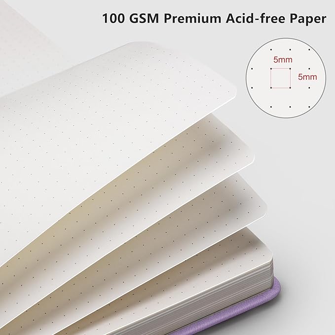 RETTACY Dotted Journal Notebook, 192 Pages, A5 Medium Size (5.7'' x 8.3''), Leather Hardcover, 100 GSM Thick Paper, for Journaling, Planning, Tracking (Purple)
