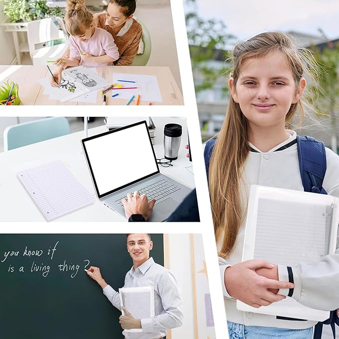 Koogel White Filler Paper, 3 Hole Punched, 100 Sheets Loose Leaf Wide Ruled Lined Notebook Paper, 8" x 10-1/2" Filler for Notebooks, School Office Writing Supplies, Fights Ink Bleed, White