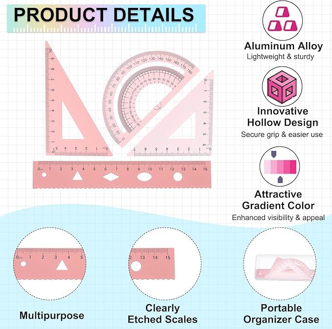 PATIKIL Geometry Set, 2 Pack 6 Inch Aluminum Ruler & 4 Triangles, Metal Protractor Ruler Math Drafting Measuring Tool for Home Office Math Drawing Engineering Art,Gradient Pink
